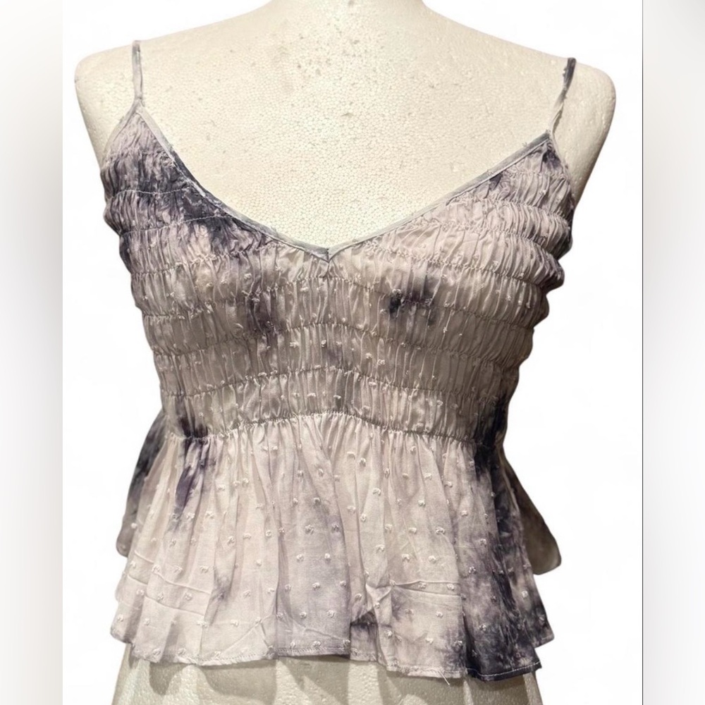 Smocked Black & Gray Tie-Dye Peplum Cami Top. NWOTS.